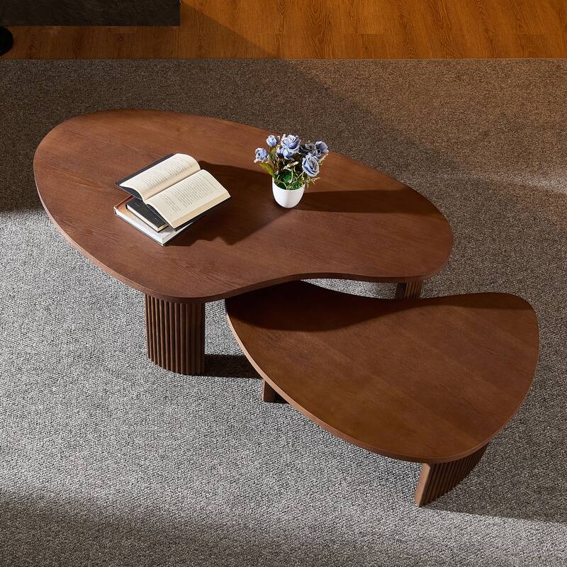Irregular Shape Coffee Table Set, Two-Piece Staggered Height End Table, Accent Table with Embossed Legs