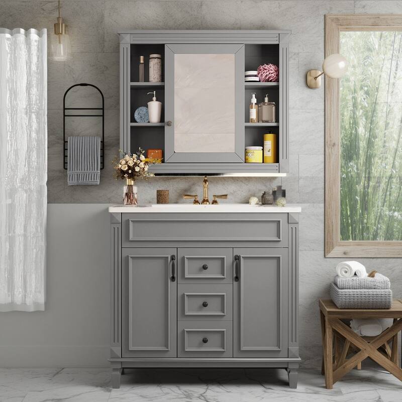 30" Ceramic Sink Bathroom Vanity with Gold Handles, Soft-Close Storage & Space-Saving Design