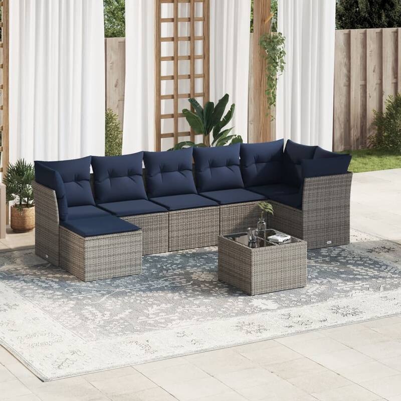 vidaXL 7/8 Piece Patio Sofa Set with Cushions Brown/Gray Poly Rattan - 21.7 x 24.4 x 27.2 - Beige and gray With table