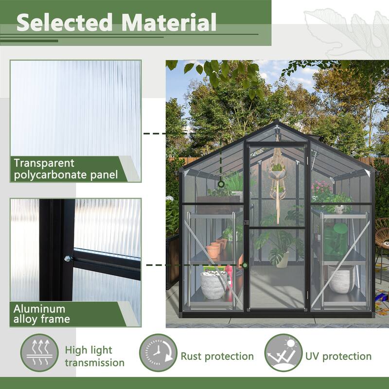 6x8 FT Greenhouse, Polycarbonate Greenhouse with Quick Setup Structure and Roof Vent, Aluminum Large Walk-in Greenhouse