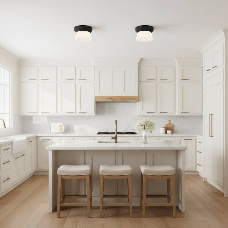 7 Inch LED Flush Mount Light Etched White Glass Shade Dimmable - Black