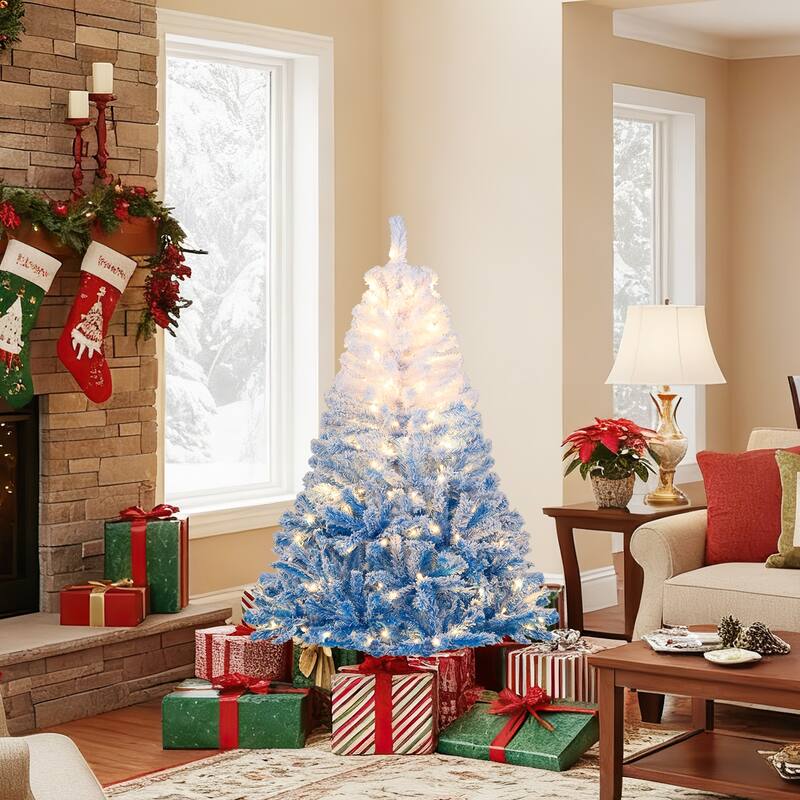 Gymax 5/6/7/8 FT Artificial Christmas Tree Hinged Snow Flocked Xmas - Blue, White