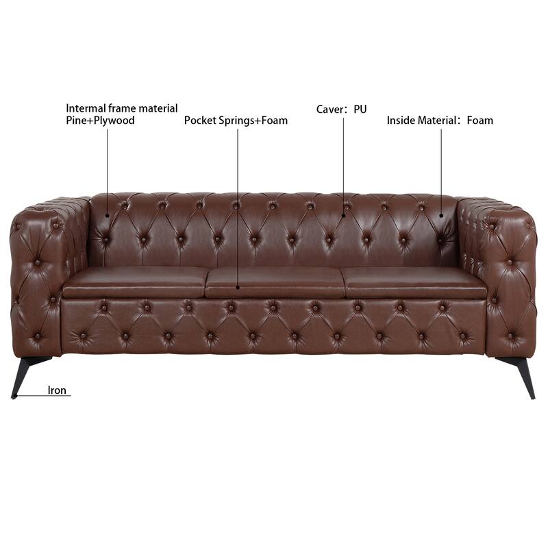 Stylish 3-Seat Sofa with Pocket Spring Cushions & Diagonal Iron Legs - Contemporary Couch