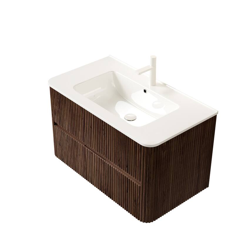 GDFStudio - Noor Modern Floating Bathroom Vanity with Dual Drawers & White Ceramic Basin, WITHOUT Faucet