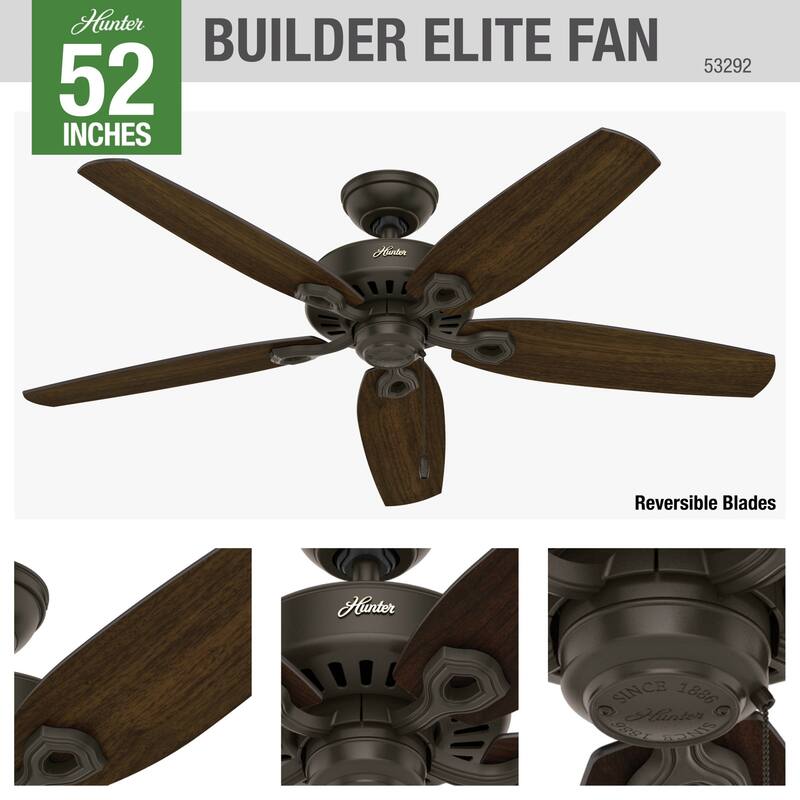 Hunter 52" Builder Elite Outdoor Ceiling Fan with Pull Chain, Damp Rated - Traditional