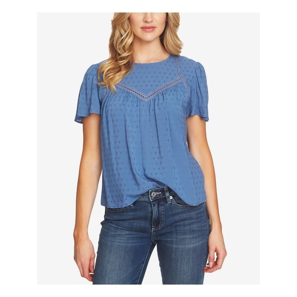 CECE Womens Blue Crochet Trim Jacquard 3/4 Sleeve Blouse Top Size M