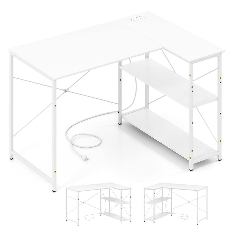 L-Shaped Engineered Wood Corner Desk with Charging Ports and Shelves