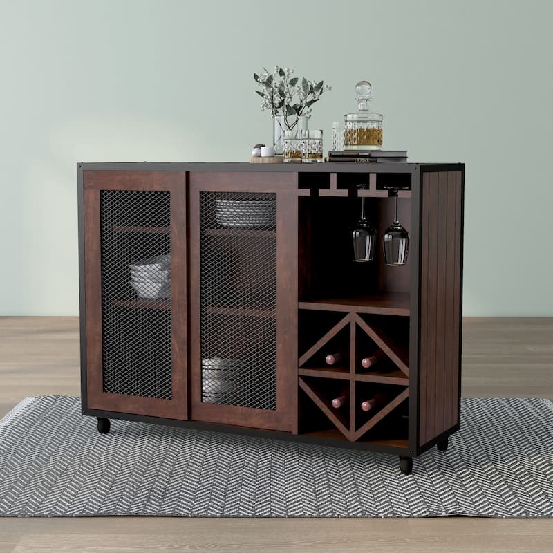 Furniture of America Hury Modern Walnut 47-inch 3-shelf Dining Buffet, Walnut Dining Sideboard with Wine Storage