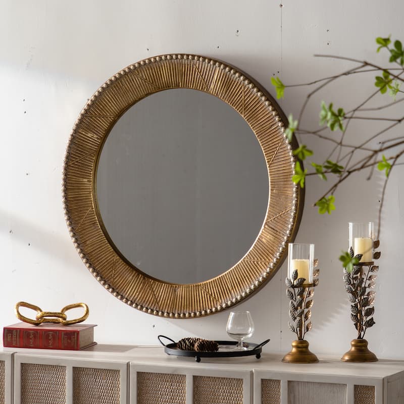 31.3" Gold Textured Round Wall Mirror - Iron Frame & MDF Back Decorative Mirror, Boho Accent Mirror - Natural Wood