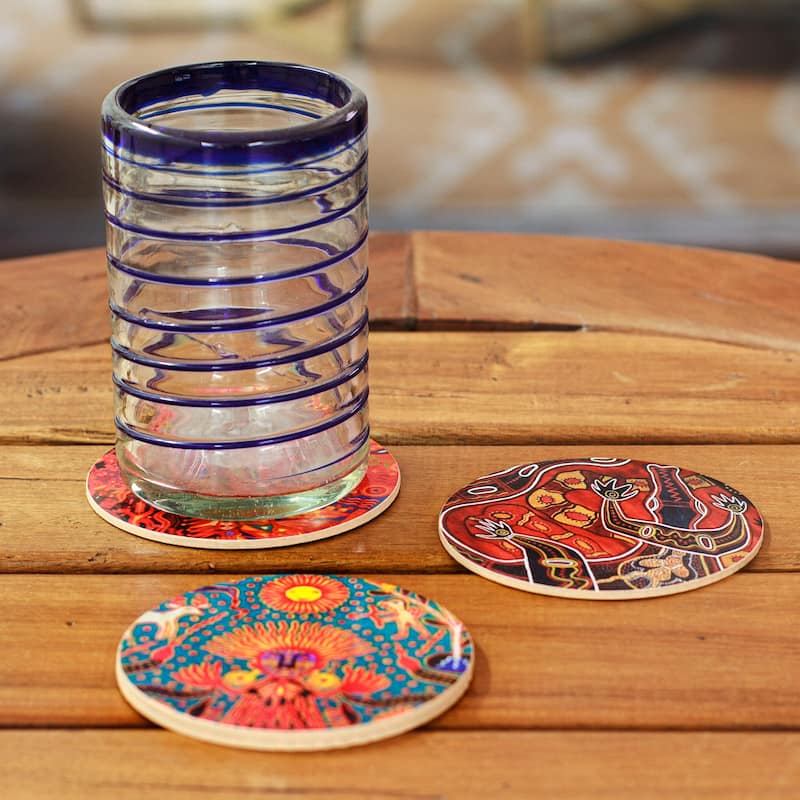 Novica Handmade Huichol Inspiration Decoupage Wood Coasters (Set Of 4)