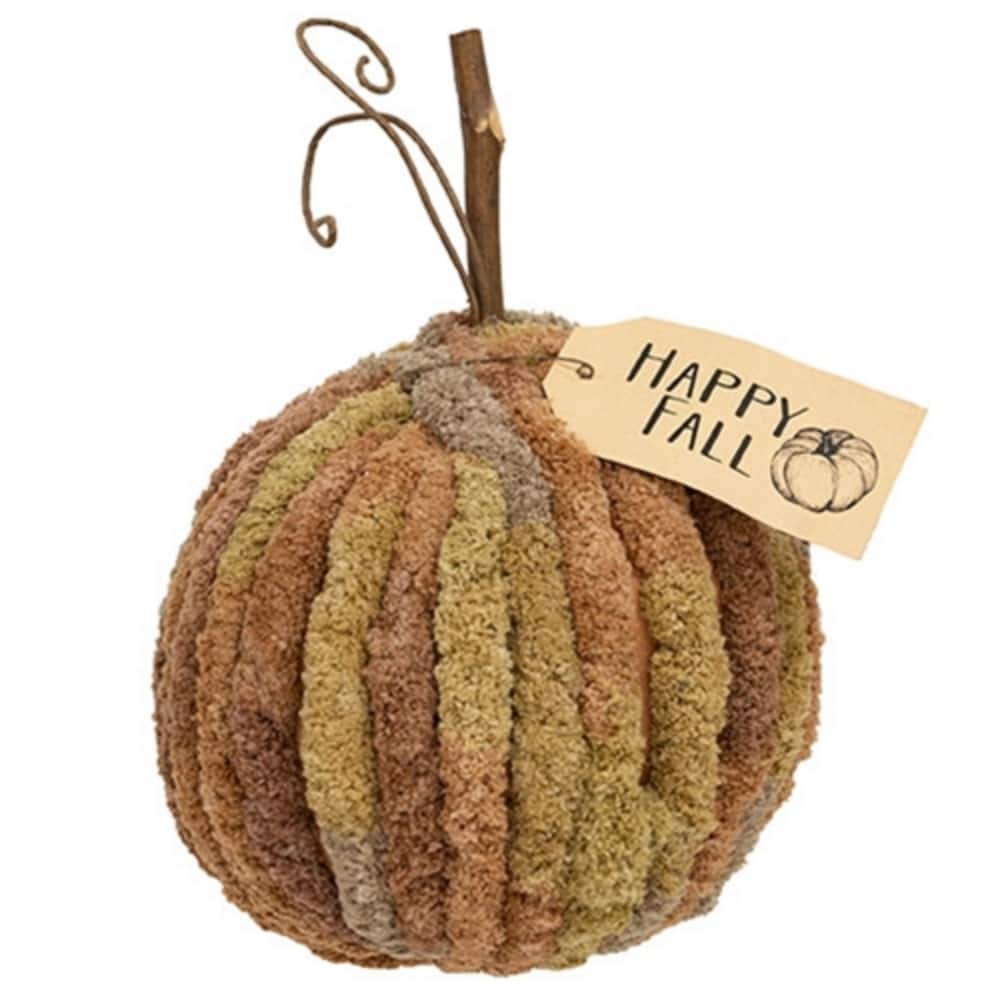 Harvest Chenille Happy Fall Pumpkin Plush Autumn Decor Brown Olive Gray with Twig Stem - 10.5” high by 7.5” in diameter.