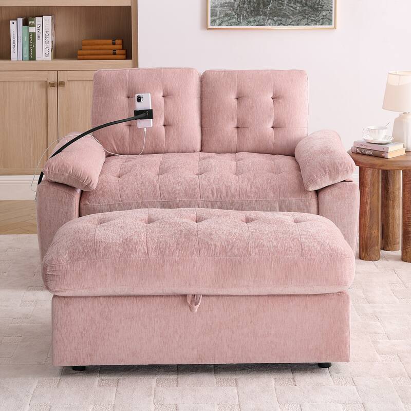 Double Recliner Chair with Adjustable Backrest, Storage Ottoman, USB Port & Phone Stand