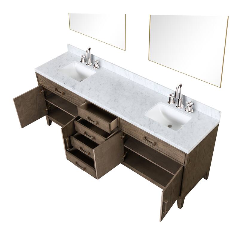 Lexora Laurel Bath Vanity, Carrara Marble Top, Faucet Set, and Mirror