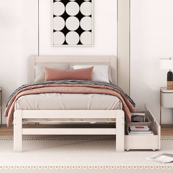 slide 2 of 9, Twin Size Platform Bed Frame with 2-Drawers, No Box Spring Required, White Washed White Washed