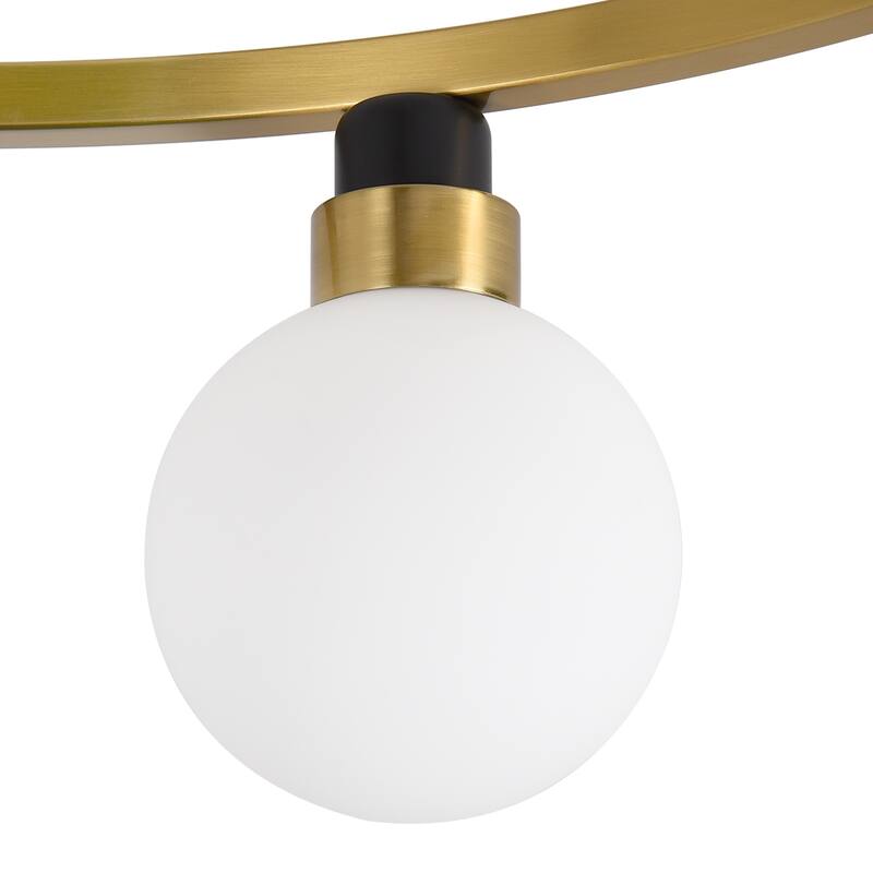 Dining Room 6 Light Flush Mount Light, Gold Black Frame Frosted Glass Globes - Polished Brass