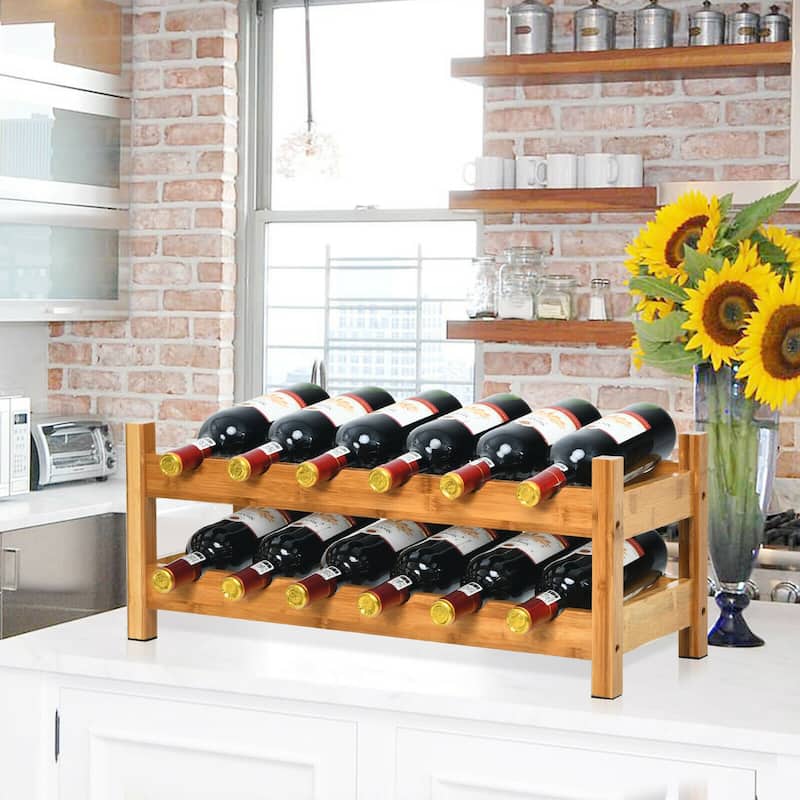 Gymax 2-Tier Bamboo Wine Rack 12 Bottles Display Storage Shelf Holder - See Details