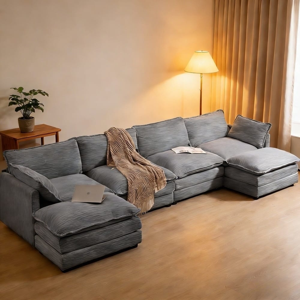 Oversized Modular Corduroy Sectional Sofa Set with Ottoman, 3-Seater / 4-Seater Deep Seat Lounge Couch for Living Room