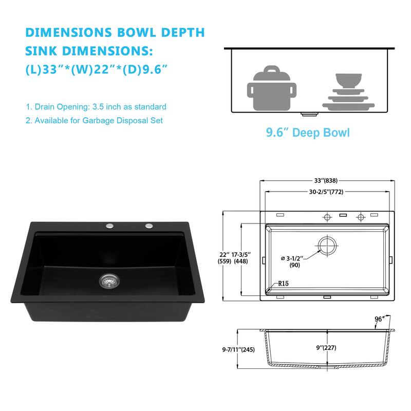 Kichae Granite Composite Drop-in Sink 33 inch Black Workstation Sink - 33"x22"x10"