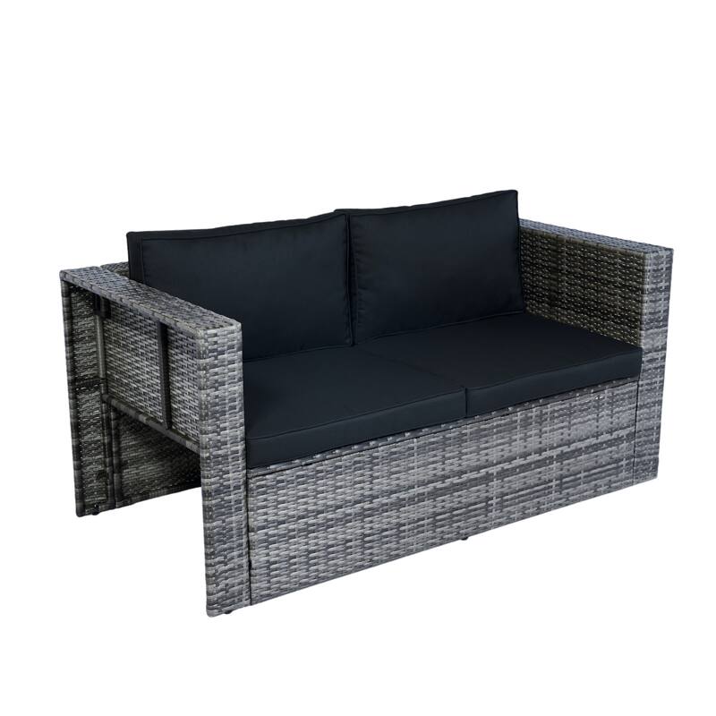 6 Piece Patio Wicker Sectional Set Patio Backyard Conversation Set Space Saving Grey Wicker + Black Cushion