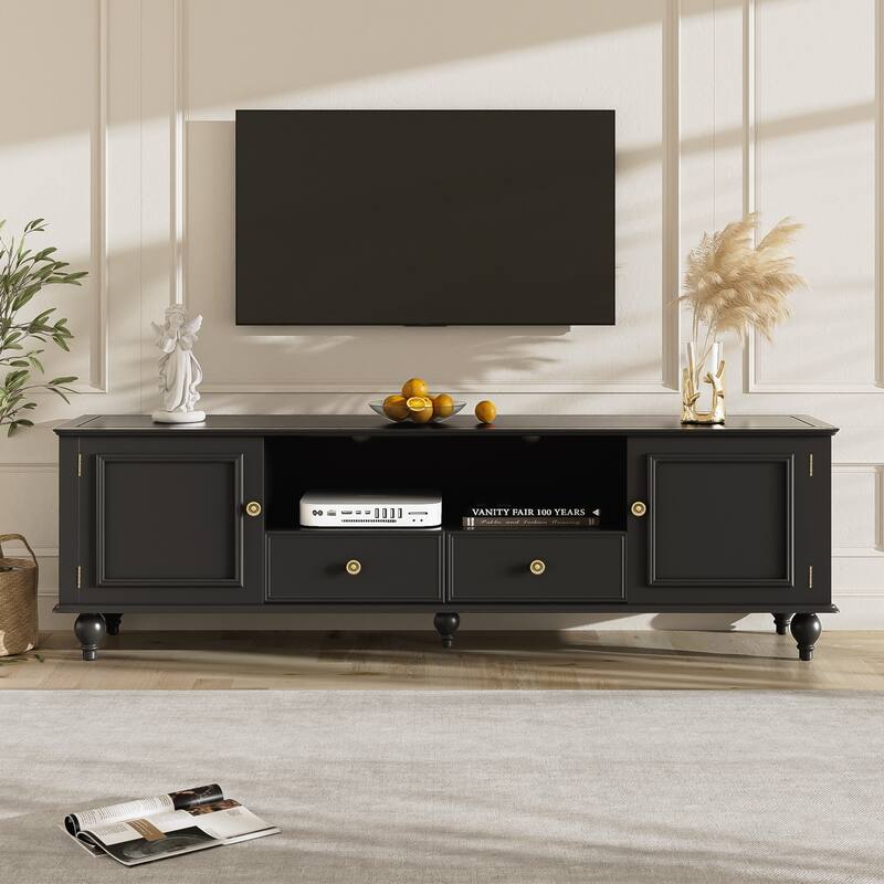 Modern TV Stand for TVs up to 80 Inches, Entertainment Center with Open Compartment, TV Storage Cabinet with 2 Drawers - Black