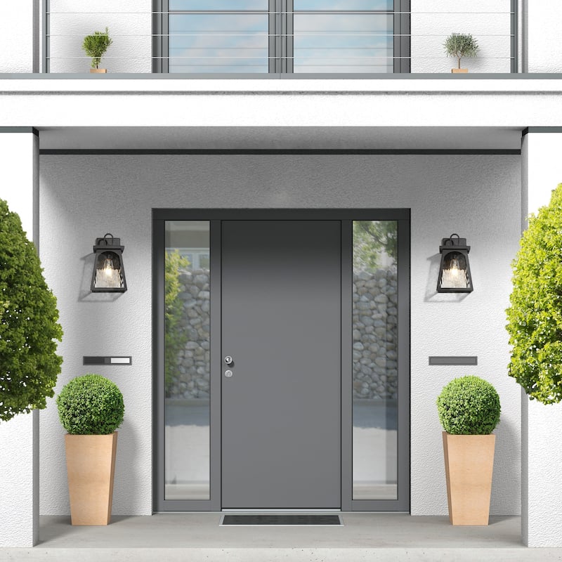 Modern Farmhouse 1-Light Black Outdoor Wall Sconce Water Ripple Glass Patio Lights - W 6.7" x H 11" x D 7.1"