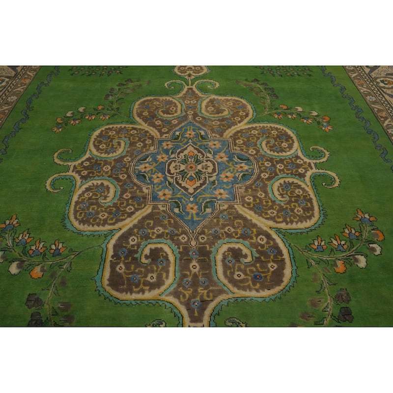 Hand Knotted Oriental 100% Wool Carpet Traditional Medallion Green Tabriz Area Rug - 13' 0'' X 9' 8''