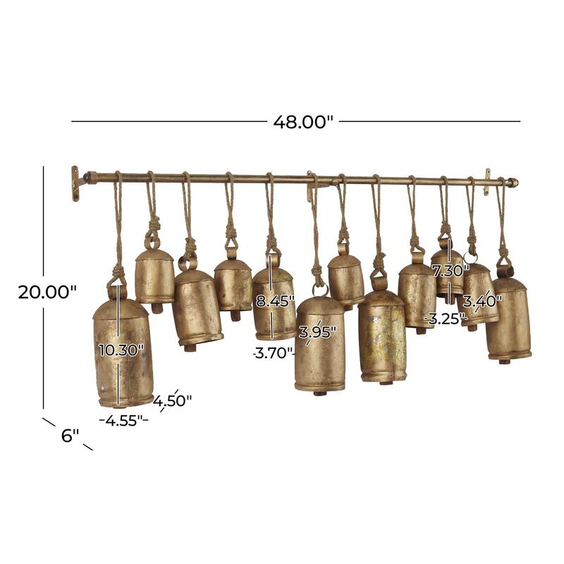Metal Tibetan Inspired 12 Bell Decorative Cow Bells with Hanging Ropes and Rod - Silver or Gold - Roche River Decor
