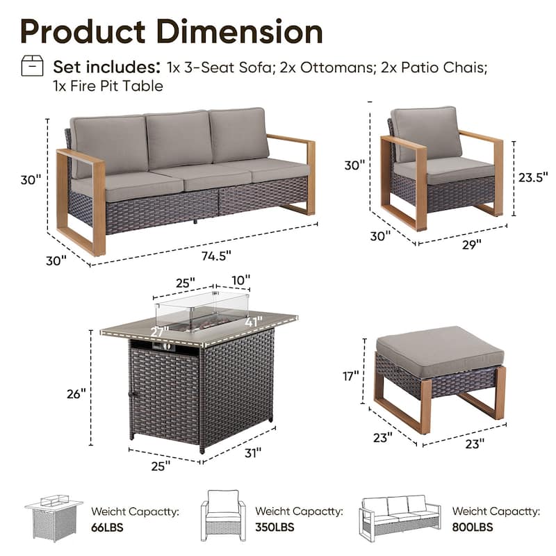 Pocassy Fire Pit Table with Outdoor Sofa Chair Ottoman Set