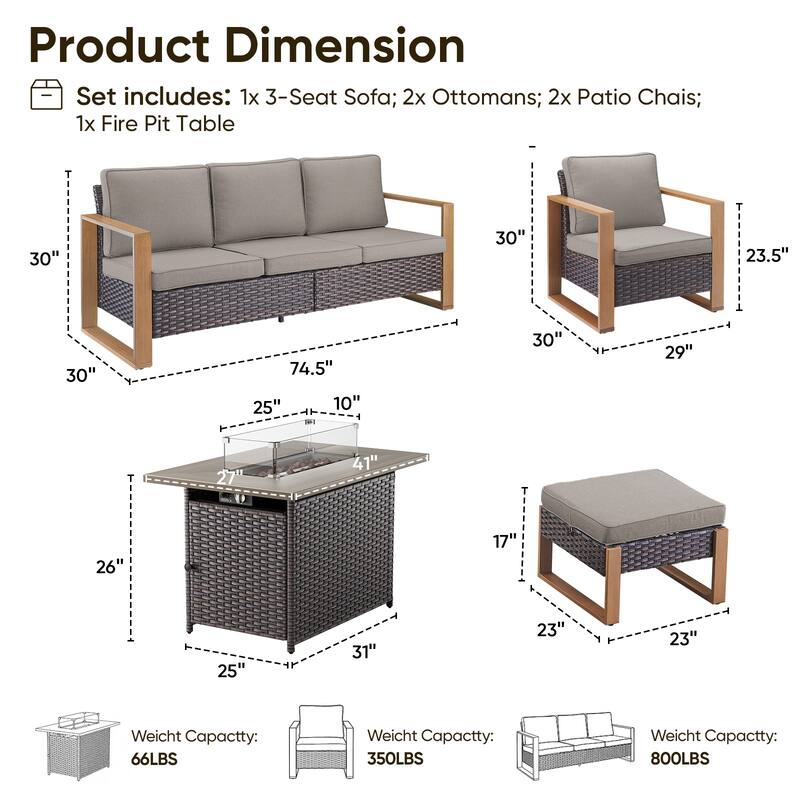 Pocassy Outdoor Wicker Sofa Patio Chair with Fire Table Set