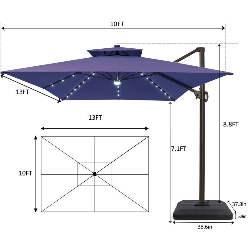 10 X 13 FT Outdoor Patio Cantilever Umbrella with Solar Lights 4-Piece Premium Base Double Canopy 360 Rotation Tilt