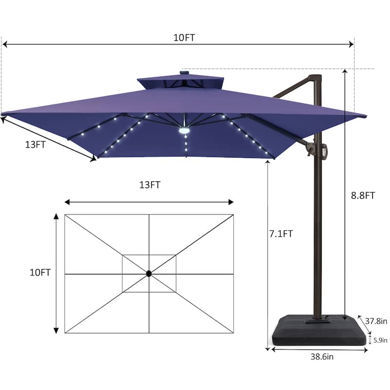 Pellebant 10 x 13FT Outdoor Rectangular Cantilever Patio Umbrella Solar LED Lighted with Premium Base