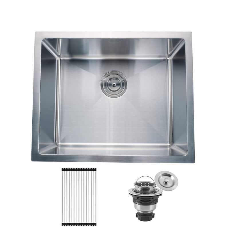 CB HOME 23" Undermount Kitchen Sink, Drop in Single Bowl Kitchen Sink, Stainless Steel Kitchen Sink with Basket Strainer - 23''x18''x10'' - sink+roll up rack
