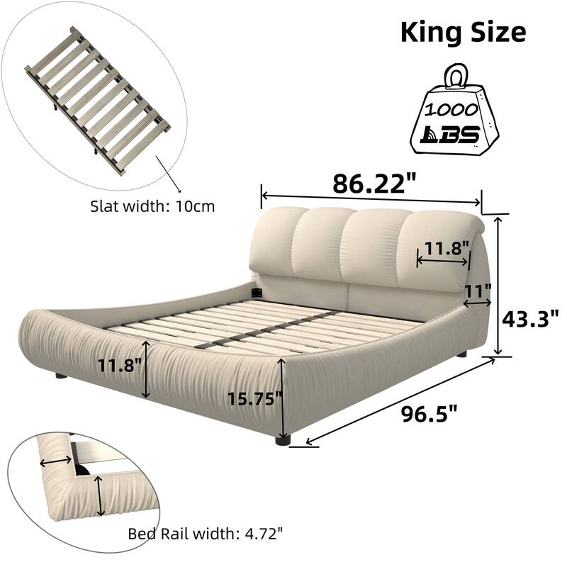 King Upholstered Platform Bed, Oversized Padded Backrest Bed Frame, Beige