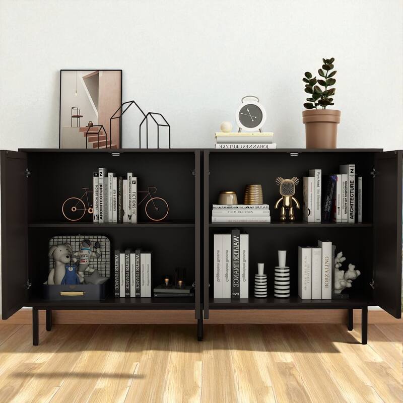 Modern Black Sideboard Buffet Cabinet with Adjustable Shelves, 4-Door Storage Accent Cabinet for Dining Room and Kitchen