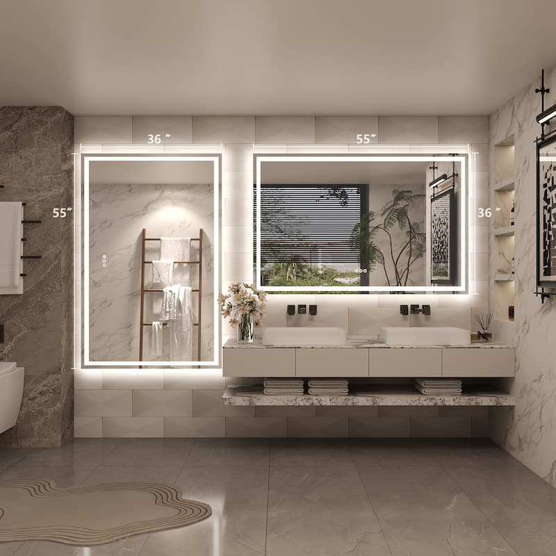 Frameless LED Front Light and Backlit 3 Colors Dimmable Anti-Fog Wall Bathroom Vanity Mirror