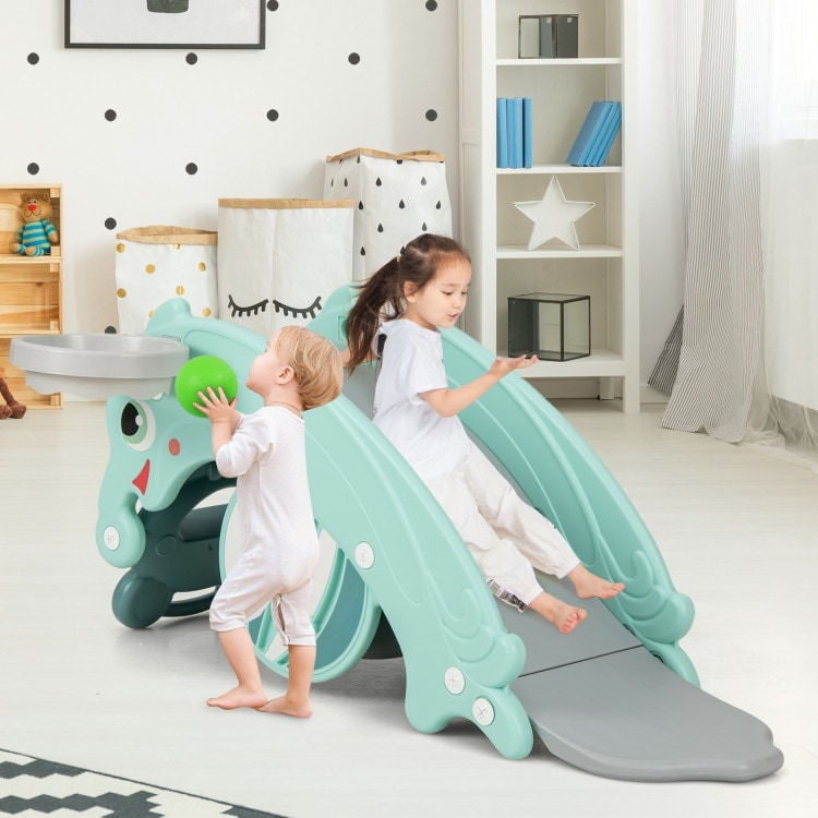 3-in-1 Kids Slide Rocking Horse Set Convertible Toddler Slide with Basketball Hoop - 32” x 14” x 21.5” (L x W x H)