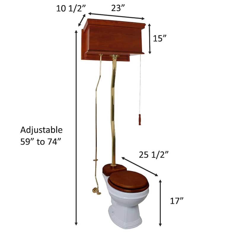 Light Mahogany Wooden High Tank Toilet Flat Tank, Brass PVD Z Pipe and Round White Bowl - White