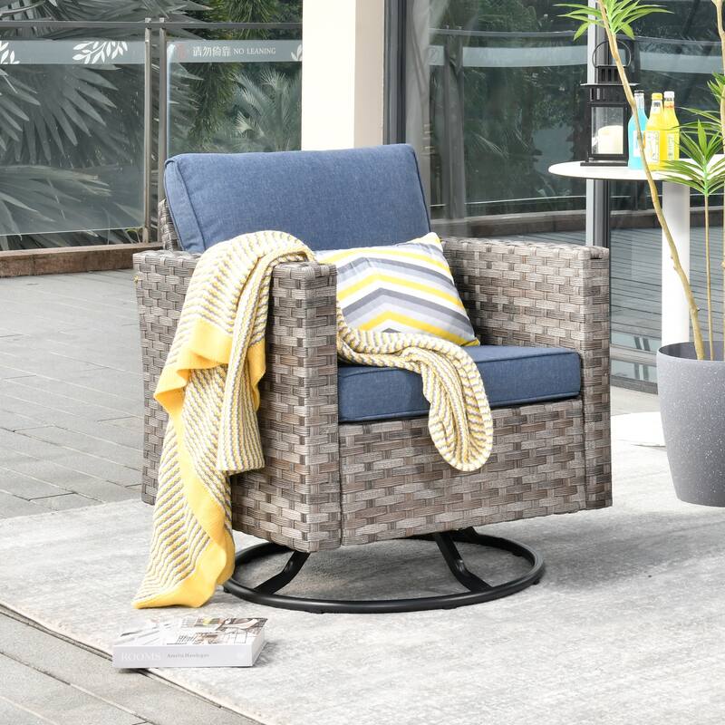 OVIOS Swivel Rocking Wicker Chair - Denim-Blue.