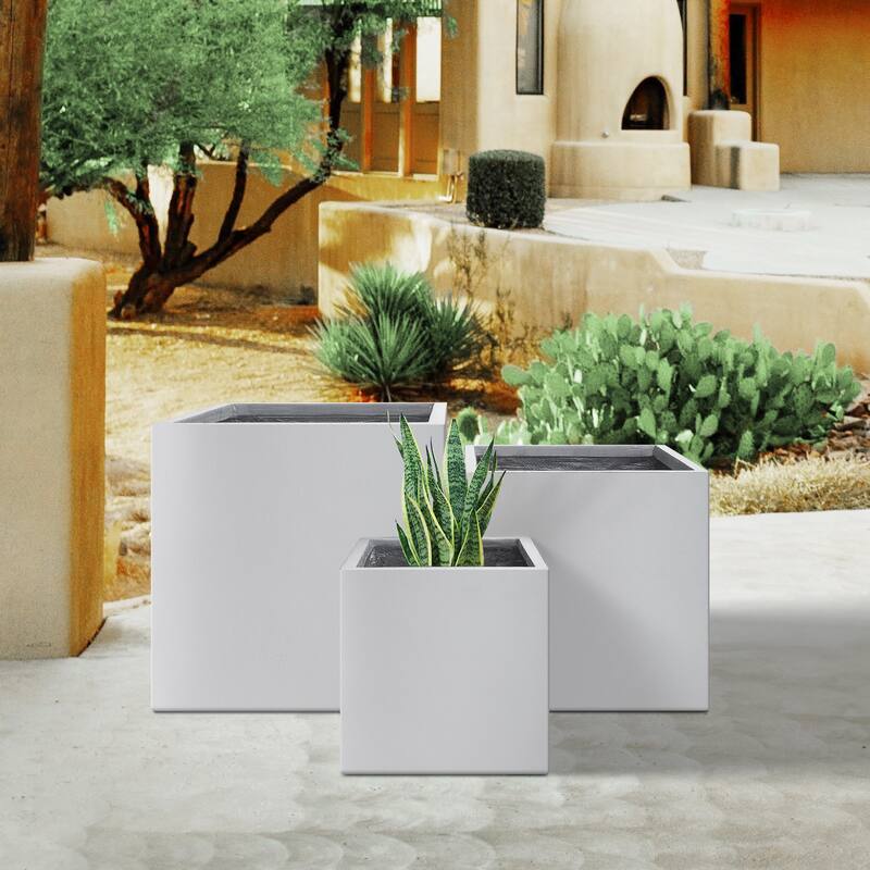 Plantara 16", 12" & 10" L Square Solid White Concrete Plant pot(Set of 3), Modern Planter, Outdoor Garden Flower pot for