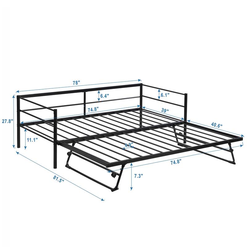 Twin Size Metal Daybed with Adjustable Trundle, Pop Up Trundle Bed