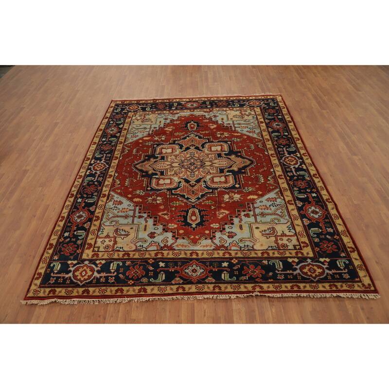 Hand Knotted Oriental 100% Wool Carpet Traditional Medallion Oranges & Rust Heriz (serapi) Area Rug - 9' 10'' X 8' 0''