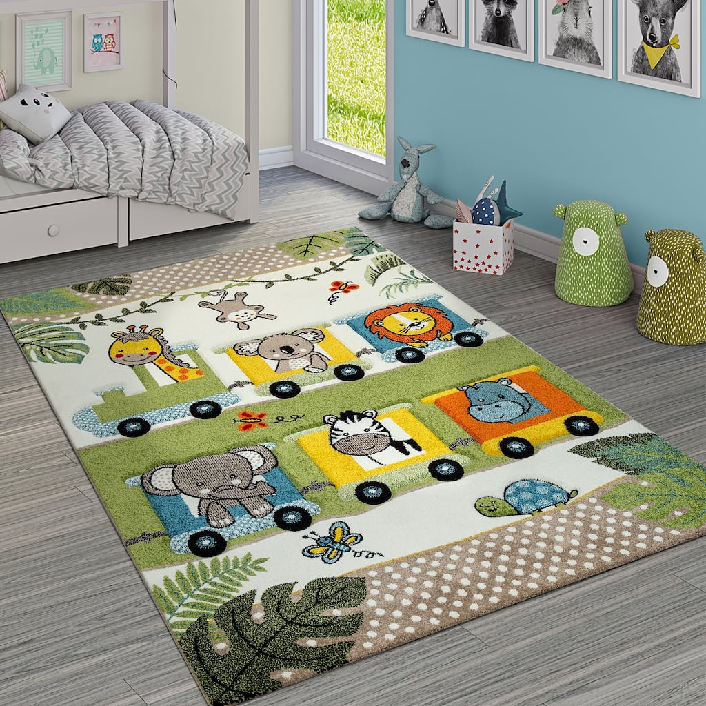 Nursery Rug Cute Jungle Animals Locomotive Kids 3D Effect Green Cream