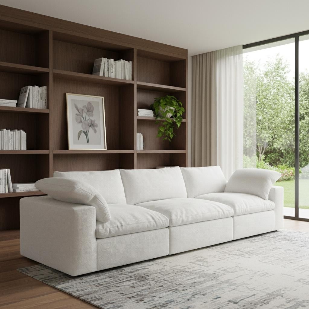 HomeRoots 120" White Linen Blend Modular Sofa With Toss Pillows
