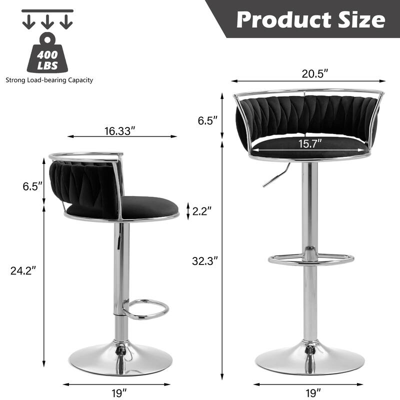 4 Set Velvet Adjustable Swivel Bar Stools With Backs