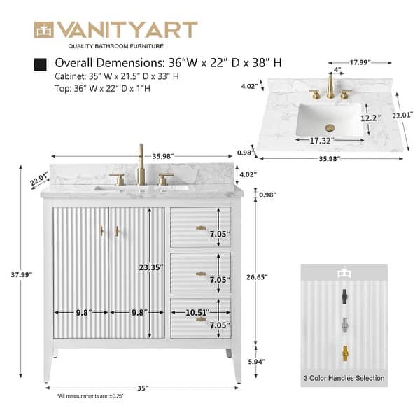 dimension image slide 1 of 10, Vanity Art 36" Single Sink Bathroom Vanity Cabinet with Engineered Marble Countertop