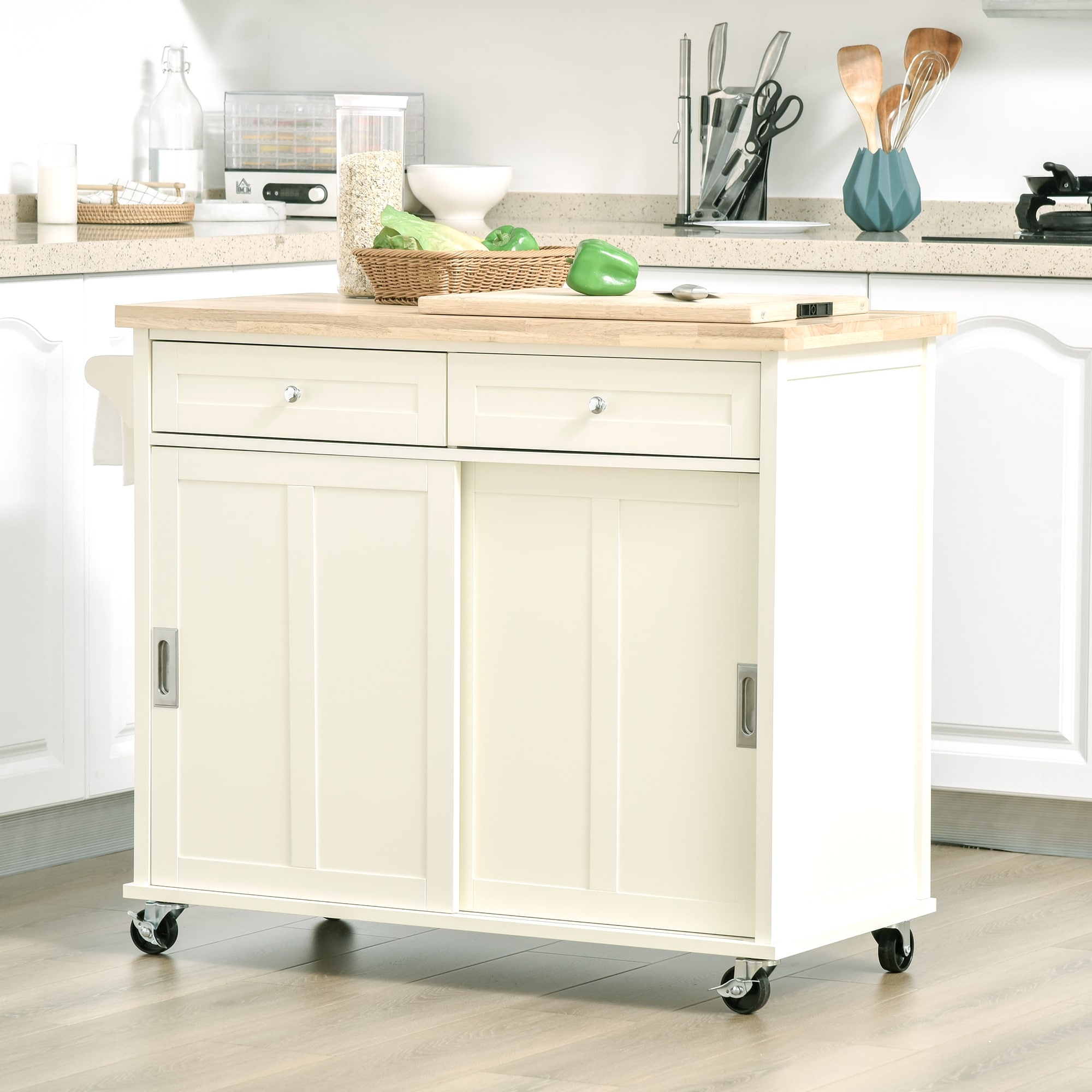 HOMCOM Kitchen Island with Drop Leaf Trolley Cart on Wheels Drawer Cabinet Towel Racks Versatile Use Natural Wood Top and White