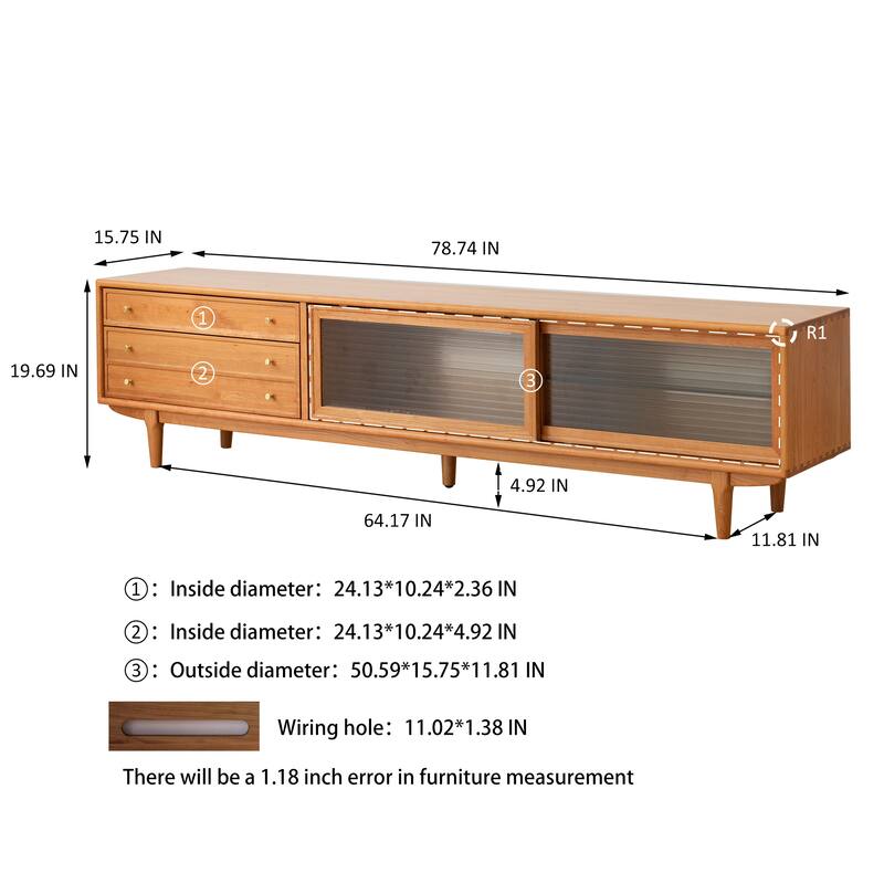 Modern TV Stand Solid Cherry Wood TV Stand with Changhong Glass Doors, 2 Drawers and Storage Space, for Living Rooms