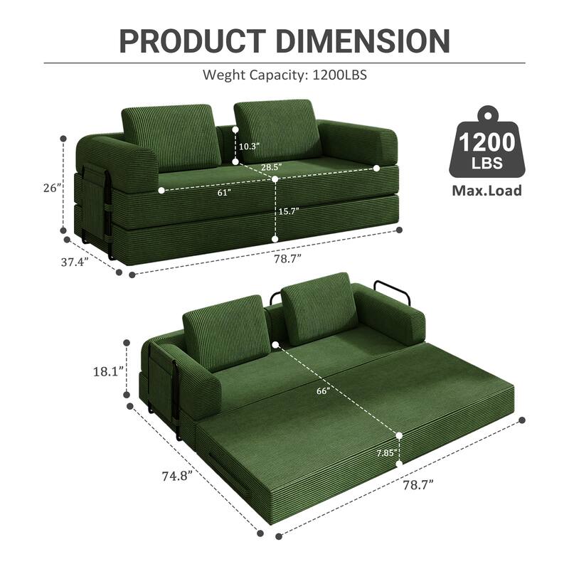 Convertible Sleeper Sofa Bed with Cylindrical Pillow - Corduroy Folding Mattress Couch for Living Room, Bedroom, Lounge, Studio