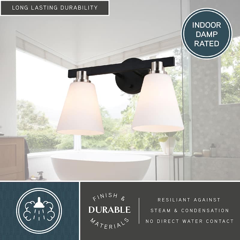 Vermont Matte Black and Nickel Bathroom Vanity Wall Sconce Light Fixture White Glass