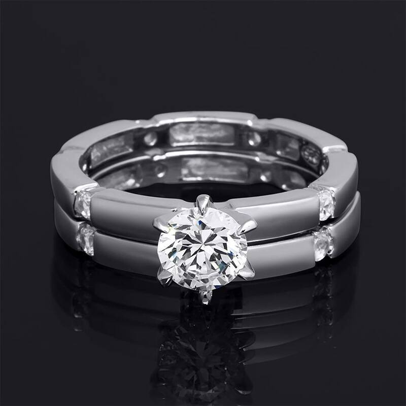 Sterling Silver 0.50 CT Cubic Zirconia Bridal Set Round Cut Band Ring